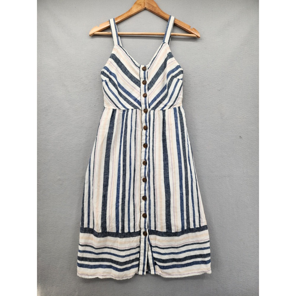 Universal Thread Striped Linen Blend Midi Dress Blue Tan Button Front Pockets XS